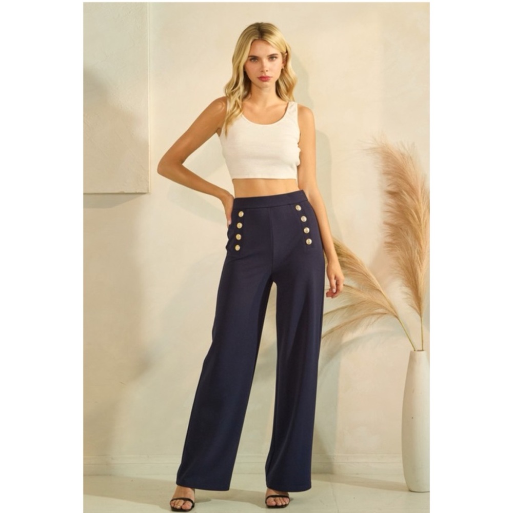 Viral Navy Stretch Gold Button Trim High Waist Wide Leg Trousers Small NWT